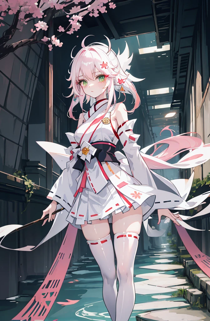 ((A pink-haired))，The hair was long，green eyes,Very long dull hairs，underground waterway background，((white kimono costume))，((White miko stockings))，((white mini skirt)), night,standing,pink hair,pink hair,underground waterway,((dark place)),((dark place)),((dark place)),((dark place)),((Dark underground canals where light does not reach)),((white kimono costume))，((White miko stockings))，((white mini skirt)),