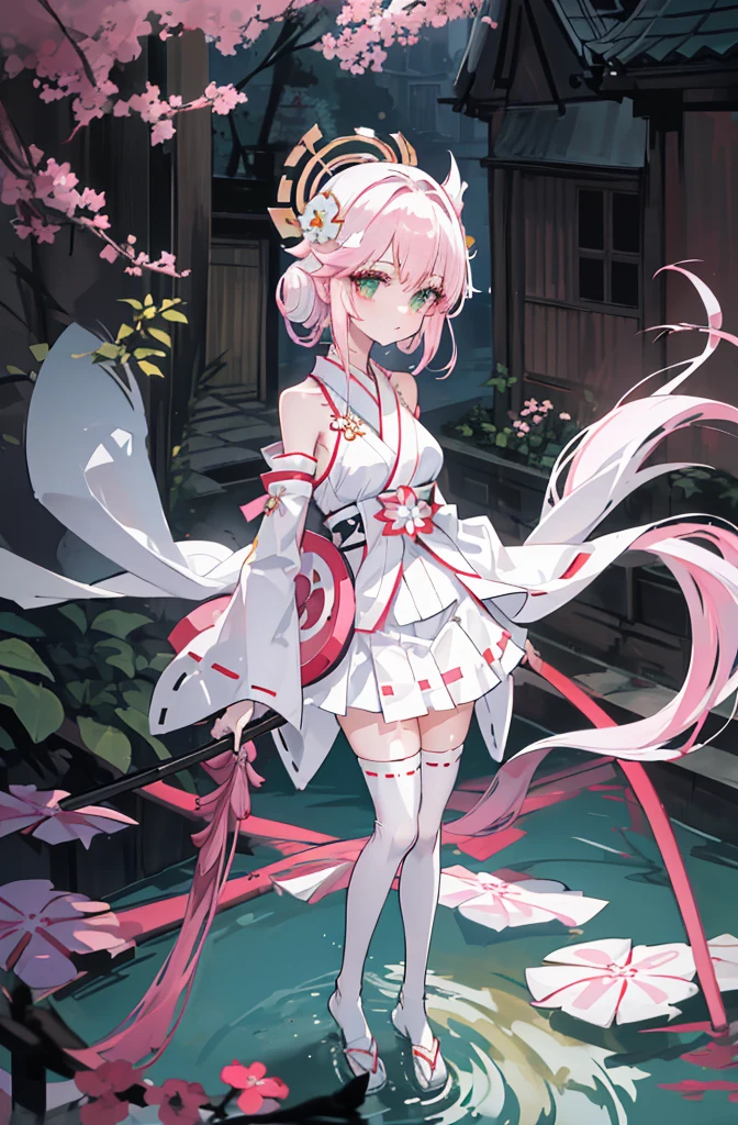 ((A pink-haired))，The hair was long，green eyes,Very long dull hairs，underground waterway background，((white kimono costume))，((White miko stockings))，((white mini skirt)), night,standing,pink hair,pink hair,underground waterway,((dark place)),((dark place)),((dark place)),((dark place)),((Dark underground canals where light does not reach)),((white kimono costume))，((White miko stockings))，((white mini skirt)),