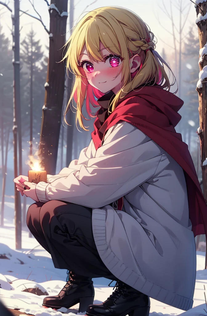 rubyhoshino, Hoshino Ruby, Long Hair, bangs, blonde, (Pink Eyes:1.3), Side Lock, (Symbol-shaped pupil:1.5), Multicolored Hair, Two-tone hair, smile,,smile,blush,White Breath,
Open your mouth,snow,Ground bonfire, Outdoor, boots, snowing, From the side, wood, suitcase, Cape, Blurred, , forest, White handbag, nature, Squat, Mouth closed, Cape, winter, Written boundary depth, Black shoes, red Cape break looking at viewer, Upper Body, whole body, break Outdoor, forest, nature, break (masterpiece:1.2), Highest quality, High resolution, unity 8k wallpaper, (shape:0.8), (Beautiful and beautiful eyes:1.6), Highly detailed face, Perfect lighting, Extremely detailed CG, (Perfect hands, Perfect Anatomy),