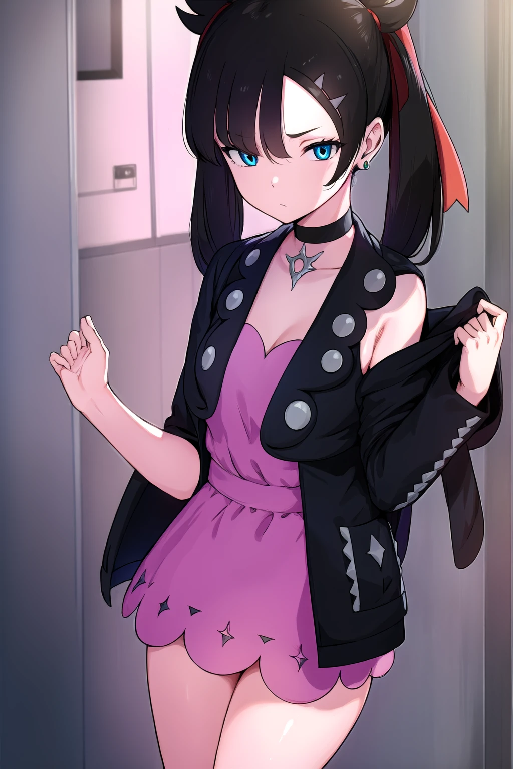 pokemonmarnie, pokemonmarnie, aqua eyes, asymmetrical bangs, asymmetrical hair, black hair, hair ribbon, long hair, red ribbon, ribbon, twintails, (small breasts:1.2),
BREAK backpack, bag, black choker, black jacket, choker, dress, earrings, jacket, jewelry, long sleeves, open clothes, pink bag, pink dress,
BREAK looking at viewer, full body, upper body,
BREAK 
BREAK (masterpiece:1.2), best quality, high resolution, unity 8k wallpaper, (illustration:0.8), (beautiful detailed eyes:1.6), extremely detailed face, perfect lighting, extremely detailed CG, (perfect hands, perfect anatomy),