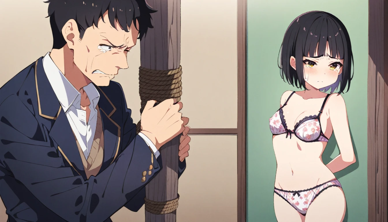 A girl with small breasts, light pubic hair, black hair, short bob hair, and a floral patterned bra and panties is tied behind her back with rope and is crying in disgust as a middle-aged man grabs her breasts while she is standing in a Japanese-style room.、From head to ankle