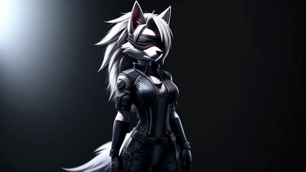 Loona from Helluva Boss, female white wolf, anthro, short white hair, blindfold, white padded combat suit, standing, serious, clear background, dark lighting, detailed, solo, beautiful, high quality, 4K