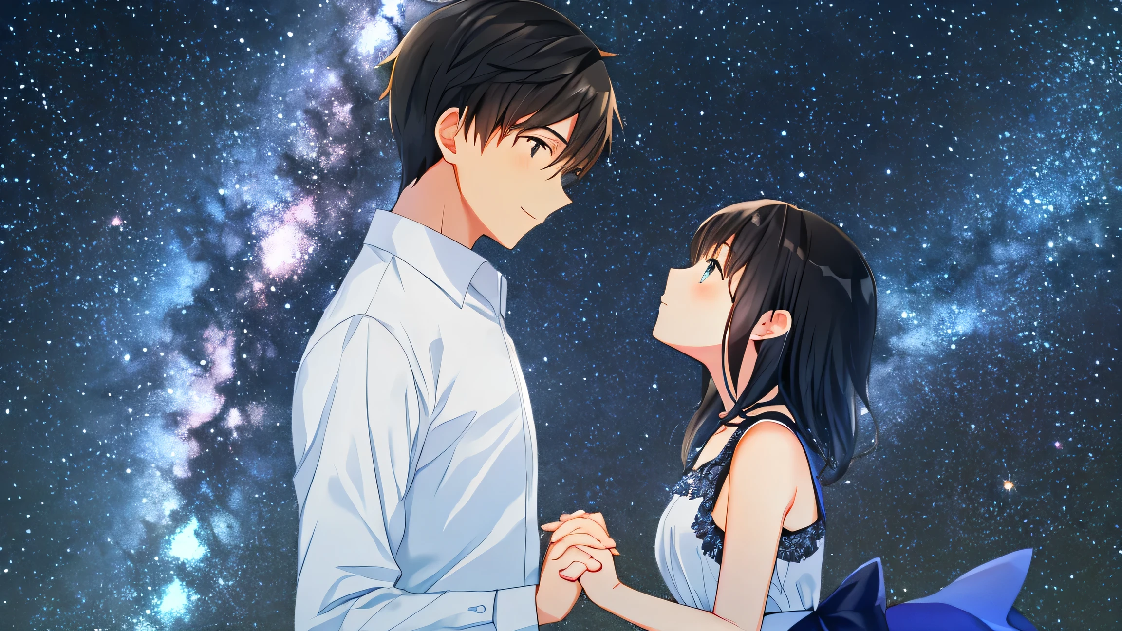 Looking up at the Milky Way from atop a small hill、Silhouette of a young man and woman holding hands、Fantasy