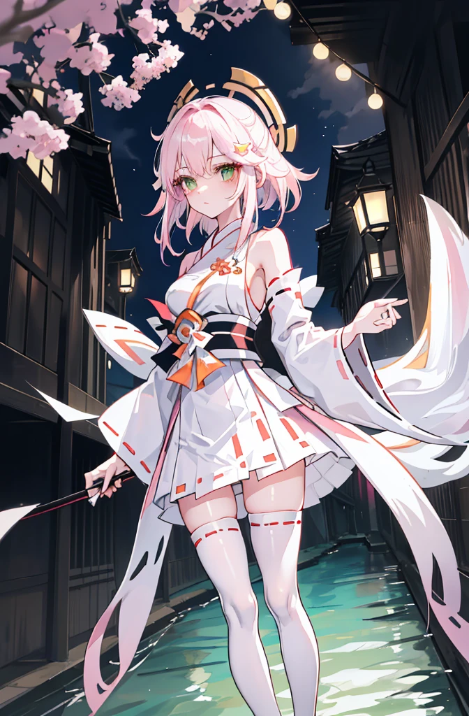 ((A pink-haired))，The hair was long，green eyes,Very long dull hairs，underground waterway background，((white kimono costume))，((White miko stockings))，((white mini skirt)), night,standing,pink hair,pink hair,underground waterway,((dark place)),((dark place)),((dark place)),((dark place)),((Dark underground canals where light does not reach)),((white kimono costume))，((White miko stockings))，((white mini skirt)),