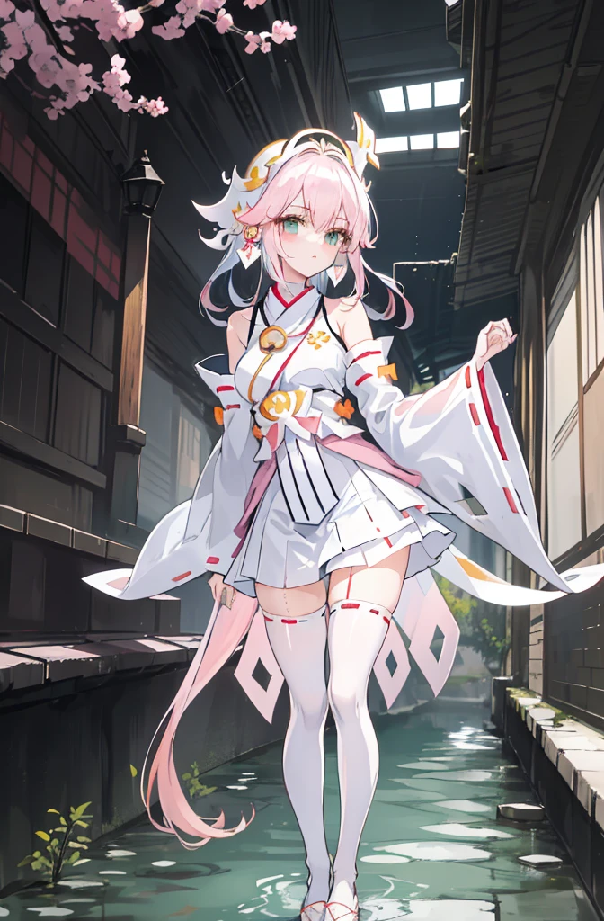 ((A pink-haired))，The hair was long，green eyes,Very long dull hairs，underground waterway background，((white kimono costume))，((White miko stockings))，((white mini skirt)), night,standing,pink hair,pink hair,underground waterway,((dark place)),((dark place)),((dark place)),((dark place)),((Dark underground canals where light does not reach)),((white kimono costume))，((White miko stockings))，((white mini skirt)),