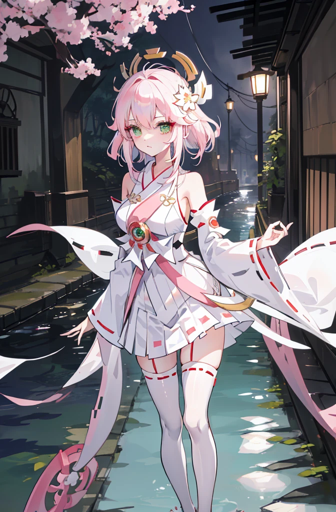 ((A pink-haired))，The hair was long，green eyes,Very long dull hairs，underground waterway background，((white kimono costume))，((White miko stockings))，((white mini skirt)), night,standing,pink hair,pink hair,underground waterway,((dark place)),((dark place)),((dark place)),((dark place)),((Dark underground canals where light does not reach)),((white kimono costume))，((White miko stockings))，((white mini skirt)),