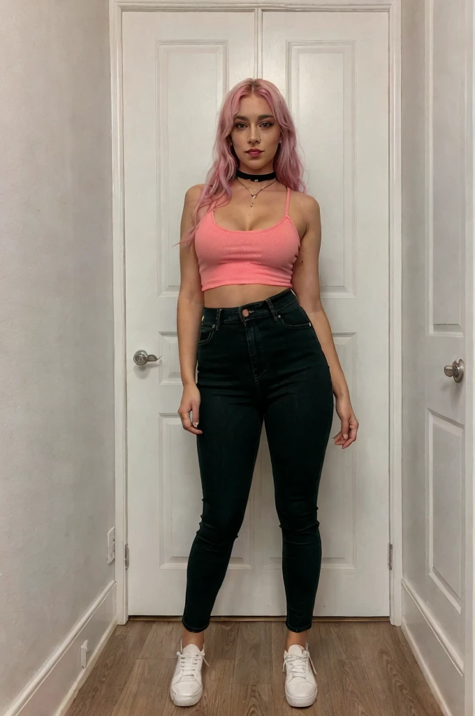 Full body photo of woman wearing choker, Bright lighting,🍑😈