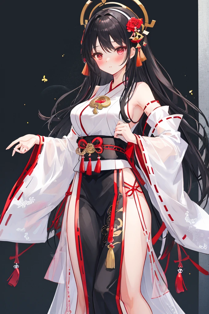 A woman with big ,Black long hair,Exquisite,Charm,Red ribbon,((transparent))Miko costume,Slim waist,blush,A cute daughter,Prayer Dance,