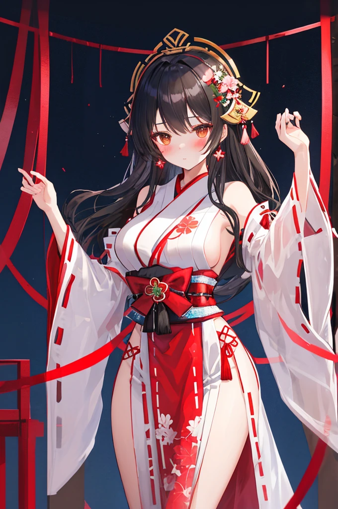 A woman with short black hair and pink-red eyes.........Wearing a white Chinese dress....... Slim profile, Fair-skinned, large boobs, He blushed slightly........., Close your eyes and smile brightly...........On Mobile, white flower