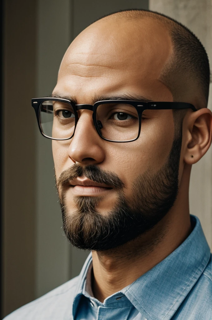 Man with balde head, short Beard and square glasses