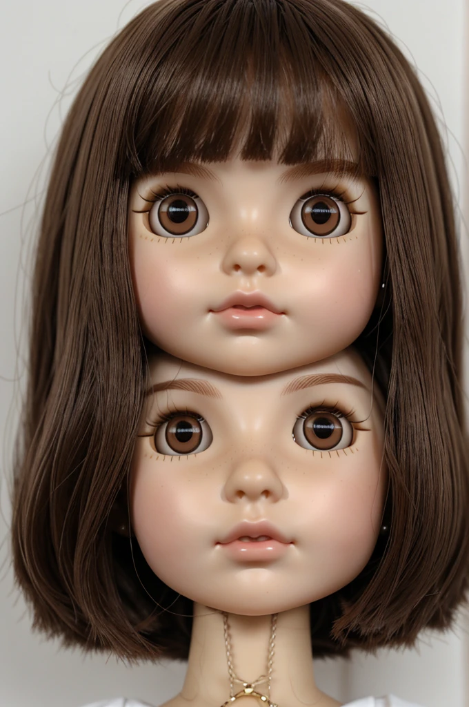 blythe doll with dark-brown and short hair, straight hair, light-brown eyes, small freckless on the nose and a little bit on cheeks, pale white skin, medium cheeks and lips, no bangs and no
fringe, fine and pale rose lips, only one doll