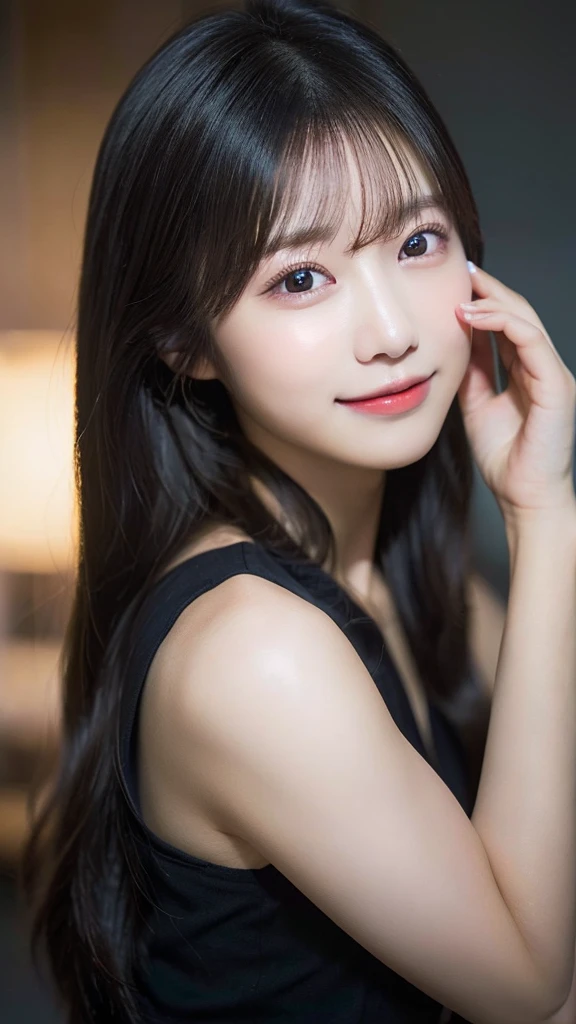 (top-quality,masterpiece:1.3,超A high resolution,),(Ultra-detail,Caustics),(Photorealsitic:1.4,RAW shooting,)Ultra-realistic capture,A highly detailed,High resolution 16K human skin closeup、 Skin texture is natural、、The skin looks healthy with an even tone、 Use natural light and color,1 girl,japanes,22year old,kawaii,Black Hair、Middle hair,,smil,,(depth of fields、chromatic abberation、、Wide range of lighting、Natural Shading、)、Posing with hands on cheeks