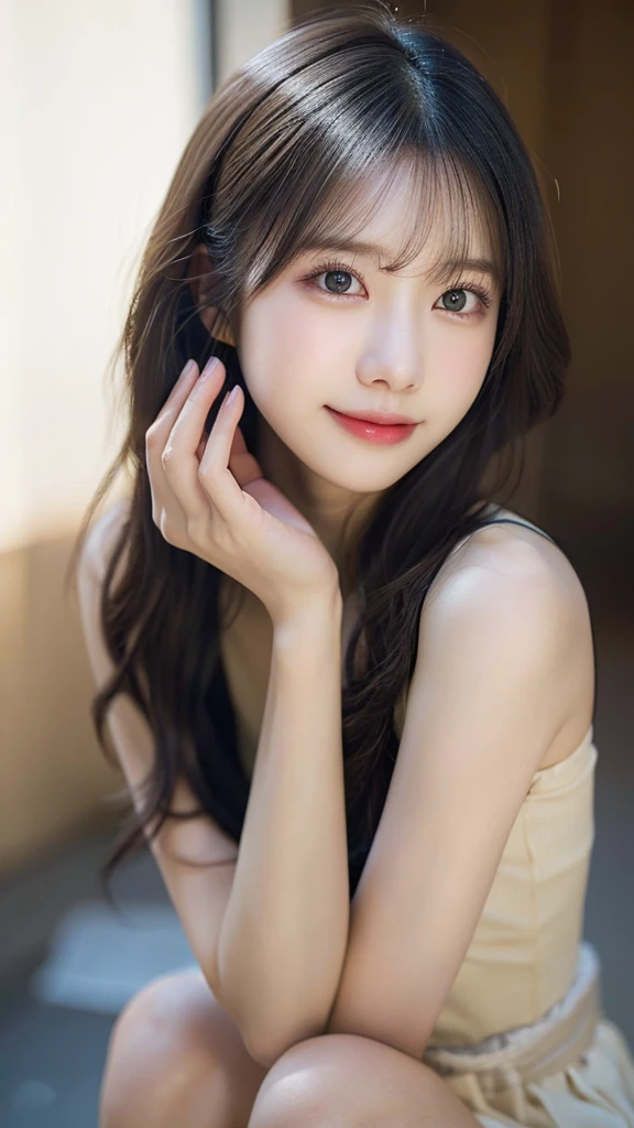 (top-quality,masterpiece:1.3,超A high resolution,),(Ultra-detail,Caustics),(Photorealsitic:1.4,RAW shooting,)Ultra-realistic capture,A highly detailed,High resolution 16K human skin closeup、 Skin texture is natural、、The skin looks healthy with an even tone、 Use natural light and color,1 girl,japanes,22year old,kawaii,Black Hair、Middle hair,,smil,,(depth of fields、chromatic abberation、、Wide range of lighting、Natural Shading、)、Posing with hands on cheeks