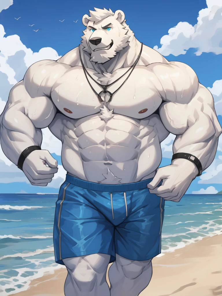 solo, 1boy, Huge Muscular White Polar Bear Dad Dude, huge white fur, pectoral, huge pectoral, wide pectoral, short white hair, blue-colored short trunks, black wristbands and shirtless topless, bearded, white Mustache, white fur, tooth necklace, beach background, masterpiece, high detailed, 8k, high resolution, at the ocean, running and jogging on the beach sands being athletic in sweat