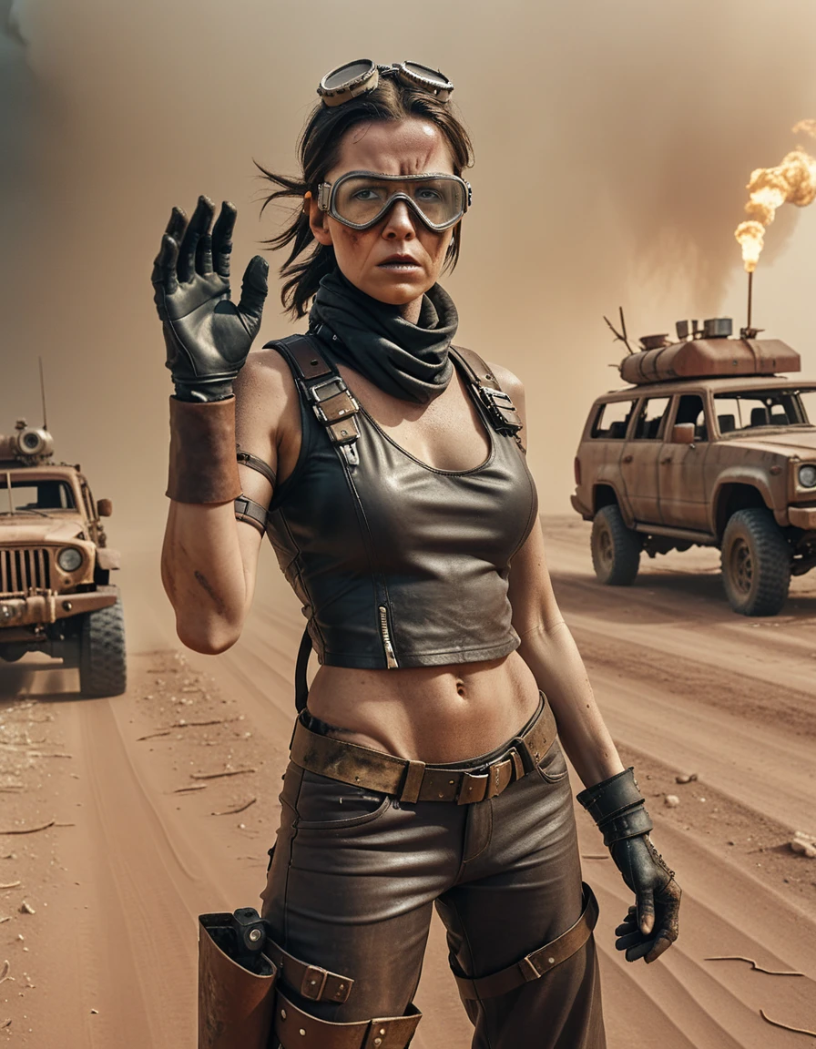 a post-apocalyptic desert landscape, a woman with a bionic arm, fierce expression, leather outfit, goggles, scavenging for resources, rusted vehicles, dust storm, dramatic lighting, gritty, cinematic composition, muted color palette, (best quality,4k,8k,highres,masterpiece:1.2),ultra-detailed,(realistic,photorealistic,photo-realistic:1.37),cinematic,dystopian,post-apocalyptic