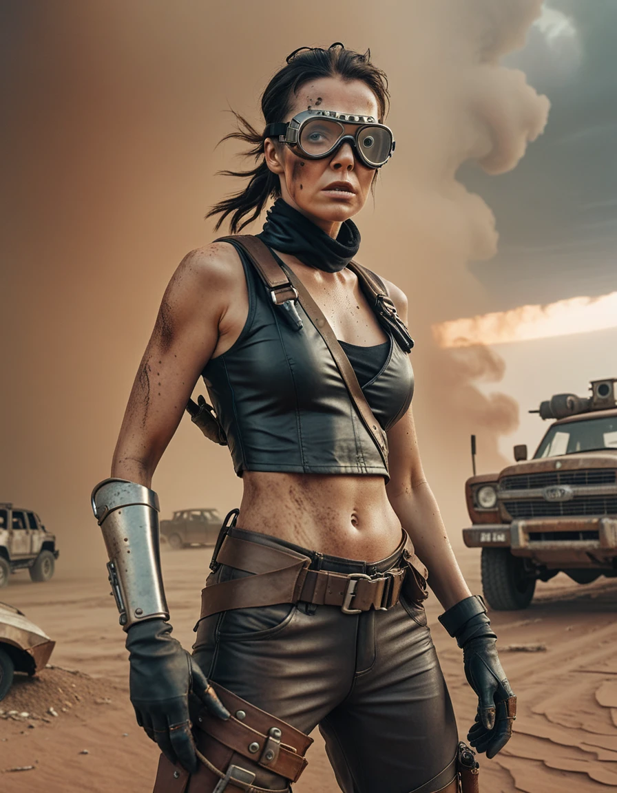 a post-apocalyptic desert landscape, a woman with a bionic arm, fierce expression, leather outfit, goggles, scavenging for resources, rusted vehicles, dust storm, dramatic lighting, gritty, cinematic composition, muted color palette, (best quality,4k,8k,highres,masterpiece:1.2),ultra-detailed,(realistic,photorealistic,photo-realistic:1.37),cinematic,dystopian,post-apocalyptic