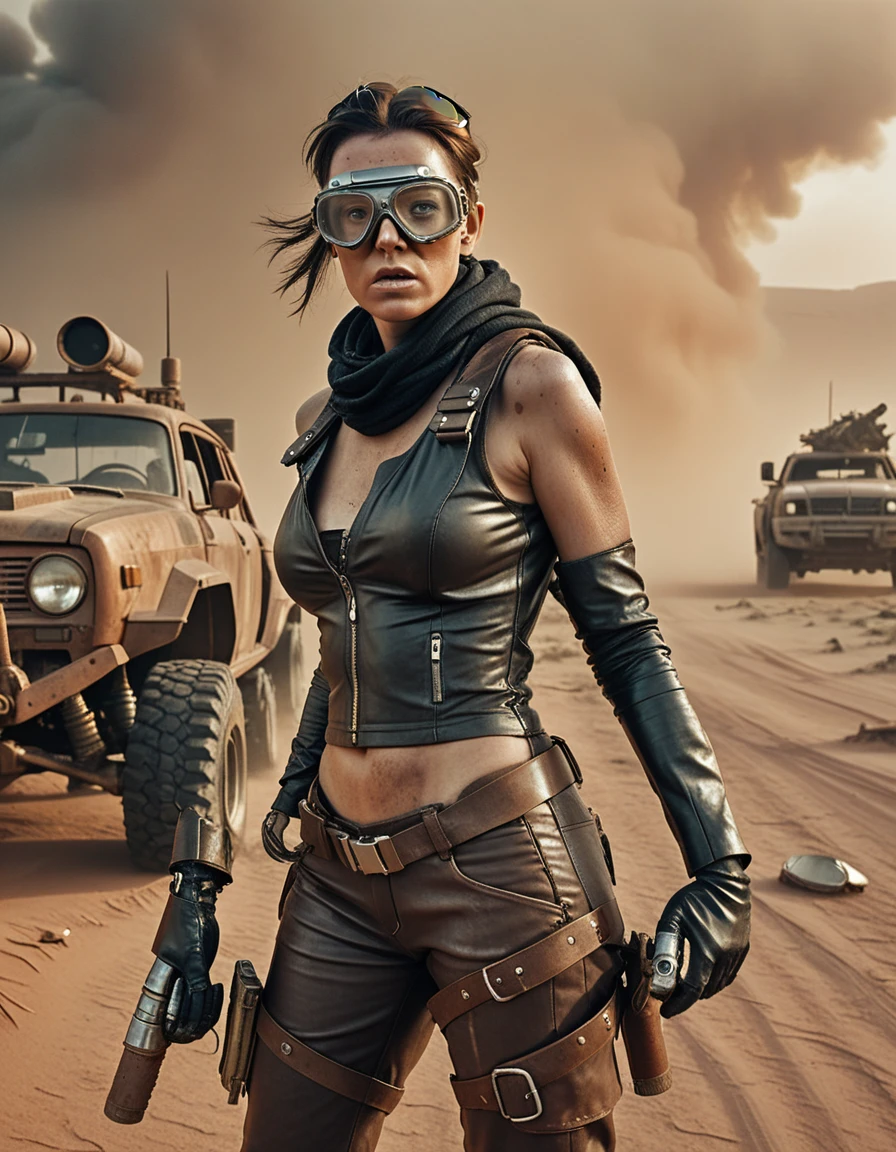 a post-apocalyptic desert landscape, a woman with a bionic arm, fierce expression, leather outfit, goggles, scavenging for resources, rusted vehicles, dust storm, dramatic lighting, gritty, cinematic composition, muted color palette, (best quality,4k,8k,highres,masterpiece:1.2),ultra-detailed,(realistic,photorealistic,photo-realistic:1.37),cinematic,dystopian,post-apocalyptic