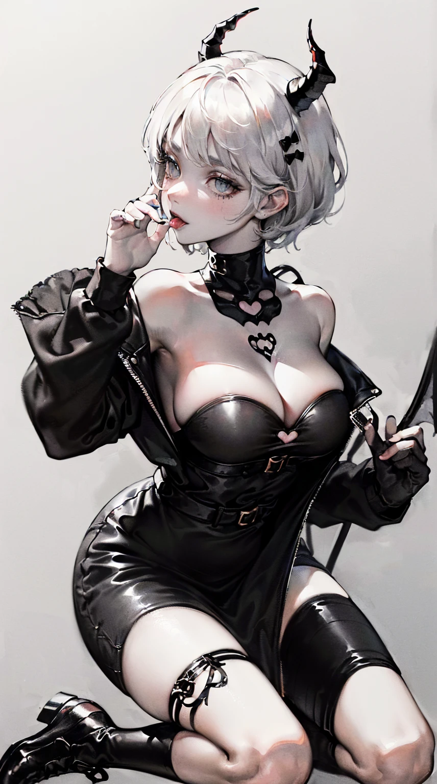 (((((((ink painting,monochromatic world, using only shades of black, white, and gray,Dark Style, grim,))))))(((cleavage dress,BDSM,))) (((saliva,tongue from mouth,blush:1.2,Veil,baggy cuffs,off shoulders))),(zentangle:1.2), (geometric:1.2), ((1girl,under-aged,amazing,sharp focus,seductive girl,solo,full body:1.2))(Masterpiece,Best quality, offcial art, Beautiful and aesthetic:1.2),((Ultra-high resolution,Golden ratio,)) (16K),((upper upper shot,close of face:1.2,focus on face:1.2,succubi,sagging breasts)),(Physically-based rendering),Sharp focus, (((highdetailskin,))),Intricately detailed clothing,Delicate pupils,heart pupils,crimson pupils,Danfeng Eye,((((detailed hair|short hair|steep bangs|Long bold side bangs|top bow)))),slender,(masterpiece sidelighting),(The sheen),(beautiful hair,beautiful eyes,)((unbelievable Ridiculous,blur background,)),((extremely_Detailed_eyes_and_face)),Movie girl,(Dynamic configuration: 1.2),Brilliant,Glossy, (Photorealistic), mitts, ((hairpin)), two-sided fabric,disheveled hair,Ultra-precise depiction, Ultra-detailed depiction, devil horns, white hair