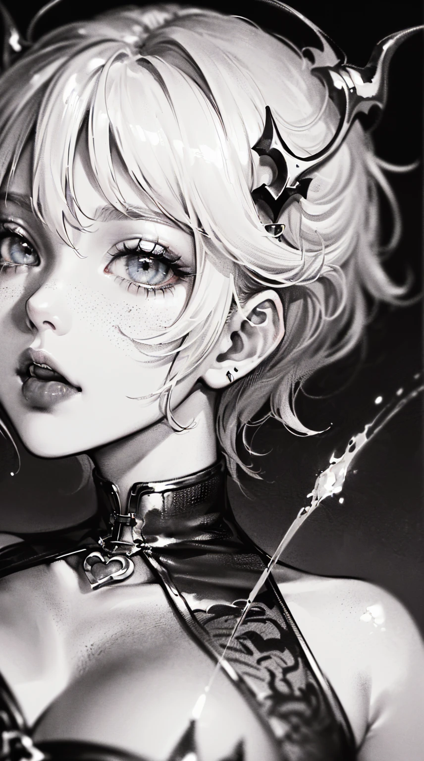 (((((((ink painting,monochromatic world, using only shades of black, white, and gray,Dark Style, grim,))))))(((cleavage dress,BDSM,))) (((saliva,tongue from mouth,blush:1.2,Veil,baggy cuffs,off shoulders))),(zentangle:1.2), (geometric:1.2), ((1girl,under-aged,amazing,sharp focus,seductive girl,solo,full body:1.2))(Masterpiece,Best quality, offcial art, Beautiful and aesthetic:1.2),((Ultra-high resolution,Golden ratio,)) (16K),((upper upper shot,close of face:1.2,focus on face:1.2,succubi,sagging breasts)),(Physically-based rendering),Sharp focus, (((highdetailskin,))),Intricately detailed clothing,Delicate pupils,heart pupils,crimson pupils,Danfeng Eye,((((detailed hair|short hair|steep bangs|Long bold side bangs|top bow)))),slender,(masterpiece sidelighting),(The sheen),(beautiful hair,beautiful eyes,)((unbelievable Ridiculous,blur background,)),((extremely_Detailed_eyes_and_face)),Movie girl,(Dynamic configuration: 1.2),Brilliant,Glossy, (Photorealistic), mitts, ((hairpin)), two-sided fabric,disheveled hair,Ultra-precise depiction, Ultra-detailed depiction, devil horns, white hair