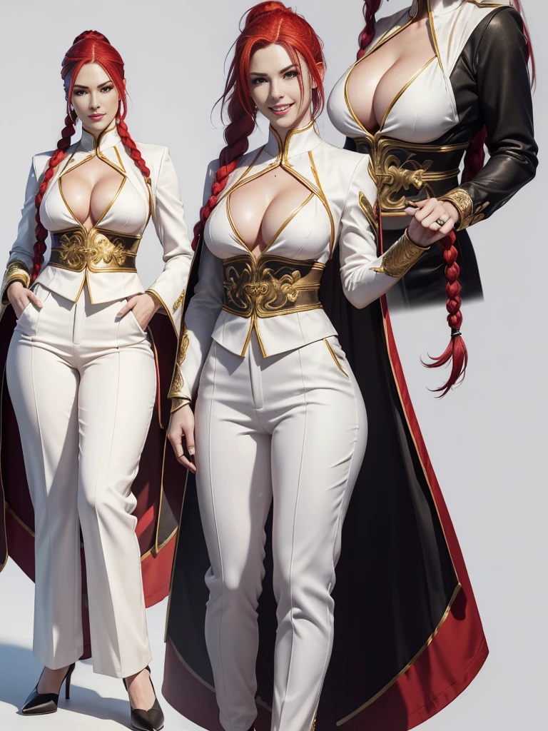 ((best quality)), ((4k)), ((highres)), ((masterpiece:1.2)). ((detailed)), ((ultra realistic)), ((intricate details)), ((full body picture)), ((character design sheet)), ((blank background)), ((standing in a blank background)), solo character, a full body shot of a sexy pale female, inhuman pale skin, pasty white skin, ((vampire pale skin))), ((ghostly pale skin like kratos from god of war)), redhead, ((vivid red hair)), braided low ponytail, ((braided low ponytail)), thin braids, slicked back hair, sexy and dangerous, evil smile on her face, ((evil smile)), about 30 years old, about 6'0 ft tall, athletic frame, character concept art, female executive, white blazer suit, white dress pants, work pants, white outfit with black details and gold adornments, ((predominantly white outfit)), ((showing cleavage)), gold office heels, fighting game character concept art, tekken character design, the king of fighters character concept
