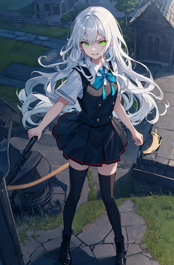 hill background,original,(illustration:1.1),(best quality),(masterpiece:1.1),(extremely detailed CG unity 8k wallpaper:1.1), (colorful:0.9),(mid shot:0.95),(highly detailed beautiful face and body),(solo:1.2), (girl),(((adult))), (detailed beautiful eyes:1.15), (beautiful face:1.15), (glowing green eyes:1.25////),((jewel-like eyes)),(petite),(cute girl),(((blue long hair))),((blue long hair)),(wavy hair),((wavy hair)),(+perfect hand+:1.21),(gothic school uniform),(Religious),(slender),(black clothes),(gothic ribbon),ribbon tie,small breasts,miniskirt,gothic boots,black thighhighs,slim body,(evil smile),detailed background,eluding,erotic thighs,((stand ready for enemy attack)),((on the hill)),((angle from above)),(angry),slightly elevated location,There is a little grass and trees around,You can see the village in the distance,from side,