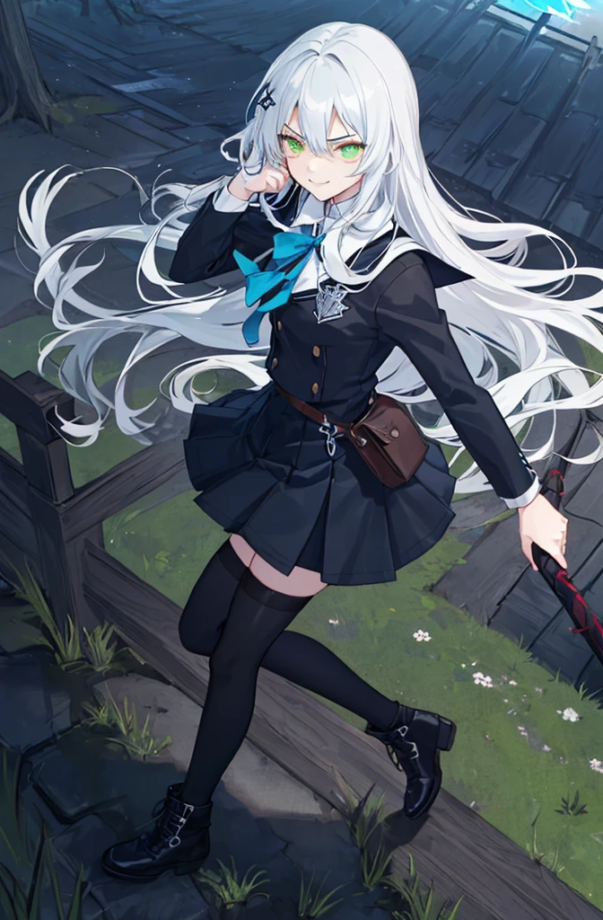 hill background,original,(illustration:1.1),(best quality),(masterpiece:1.1),(extremely detailed CG unity 8k wallpaper:1.1), (colorful:0.9),(mid shot:0.95),(highly detailed beautiful face and body),(solo:1.2), (girl),(((adult))), (detailed beautiful eyes:1.15), (beautiful face:1.15), (glowing green eyes:1.25////),((jewel-like eyes)),(petite),(cute girl),(((blue long hair))),((blue long hair)),(wavy hair),((wavy hair)),(+perfect hand+:1.21),(gothic school uniform),(Religious),(slender),(black clothes),(gothic ribbon),ribbon tie,small breasts,miniskirt,gothic boots,black thighhighs,slim body,(evil smile),detailed background,eluding,erotic thighs,((stand ready for enemy attack)),((on the hill)),((angle from above)),(angry),slightly elevated location,There is a little grass and trees around,You can see the village in the distance,from side,