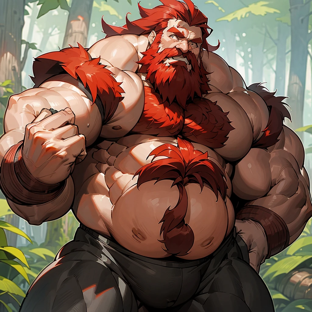 man, age 60, Red hair, red beard, long beard, thick and strong, big belly, thick body hair, Thick chest hair, thick pubic hair, naked, small, standing in the forest, big trees, nature, 