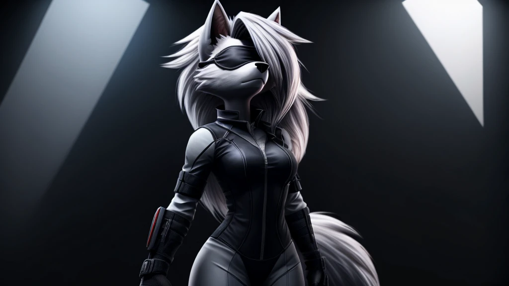 Loona from Helluva Boss, female white wolf, anthro, short white hair, blindfold, white combat suit, standing, serious, clear background, dark lighting, detailed, solo, beautiful, high quality, 4K