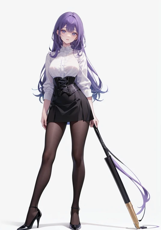 Purple Hair,Super long hair with volume,Adult female,White Y-shirt,((Rolling up his sleeves)),(corset),(Black skirt),(skirt),(High heels),((Simple white background)),((full body)),