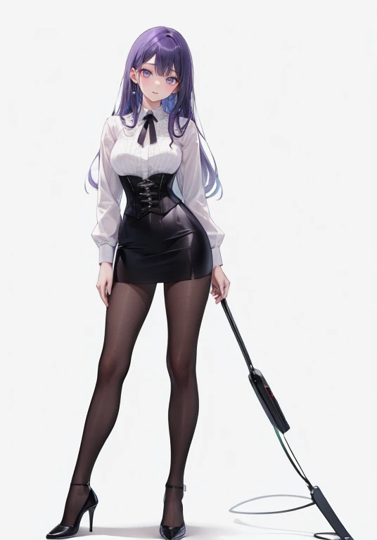 Purple Hair,Super long hair with volume,Adult female,White Y-shirt,((Rolling up his sleeves)),(corset),(Black skirt),(skirt),(High heels),((Simple white background)),((full body)),