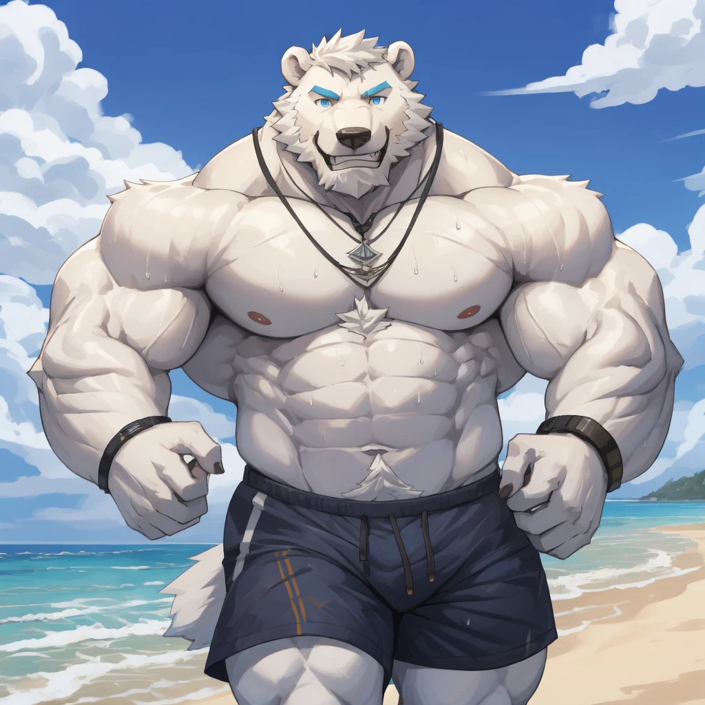 solo, 1boy, Huge Muscular White Polar Bear Dad Dude, huge white fur, pectoral, huge pectoral, wide pectoral, short white hair, blue-colored short trunks, black wristbands and shirtless topless, bearded, white Mustache, white fur, tooth necklace, beach background, masterpiece, high detailed, 8k, high resolution, at the ocean, running and jogging on the beach sands being athletic in sweat