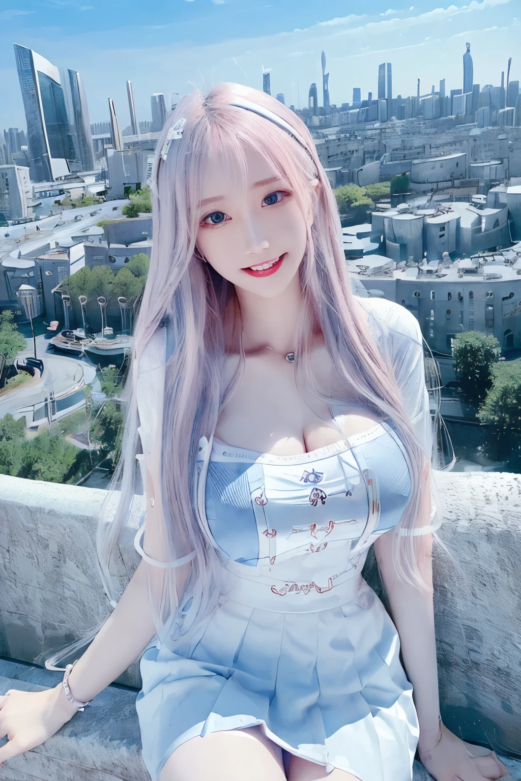 official art, masterpiece, sharp focus, (beautiful gorgeous cute Korean woman:1.3), (beautiful cute korean:1.3), korean beauty, Delicate and beautiful hair and eyes and face, realistic, ultra detailed, beautiful girl, blue sky, glow white particle, (sidelighting:1.2), sun light, white cloud, detailed clouds, slender, Lovely very large breasts and very large hips, smile with teeth, ((smile with eyes, open both eyes)), scenery, long straight hair, sexy facial expression, building, (cityscape:1.7), dynamic hair, long straight hair, detailed platinum pink hair, glow blue eyes, (blue pleated shirts + white skirt), white long socks, pale skin, hair ornament, epic scenery,