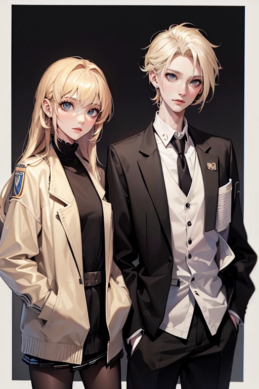 (tall man,(man is taller than me woman) messy black-haired man wearing a , is a student, with his hands in his pockets.),(a thin woman, long blonde hair, woman has green eyes, cheerleader) best quality, adorable, ultra-detailed, illustration, complex, detailed, extremely detailed, detailed face, soft light, soft focus, perfect face. In love, illustration. two people, couple: make them into a comic strip looking at a robot