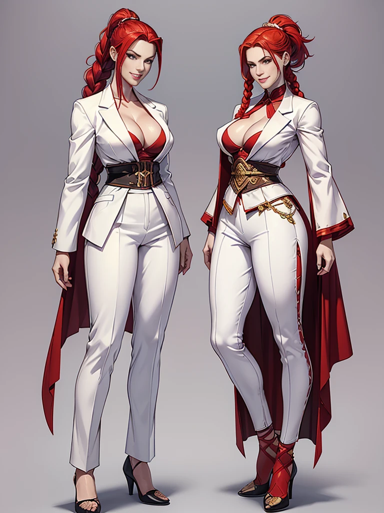 ((best quality)), ((4k)), ((highres)), ((masterpiece:1.2)). ((detailed)), ((ultra realistic)), ((intricate details)), ((full body picture)), ((character design sheet)), ((blank background)), ((standing in a blank background)), solo character, a full body shot of a sexy pale female, inhuman pale skin, pasty white skin, ((vampire pale skin))), ((ghostly pale skin like kratos from god of war)), redhead, ((vivid red hair)), braided low ponytail, ((braided low ponytail)), thin braids, slicked back hair, sexy and dangerous, evil smile on her face, ((evil smile)), about 30 years old, about 6'0 ft tall, athletic frame, character concept art, female executive, white blazer suit, white dress pants, work pants, white outfit with black details and gold adornments, ((predominantly white outfit)), ((showing cleavage)), gold office heels, fighting game character concept art, tekken character design, the king of fighters character concept