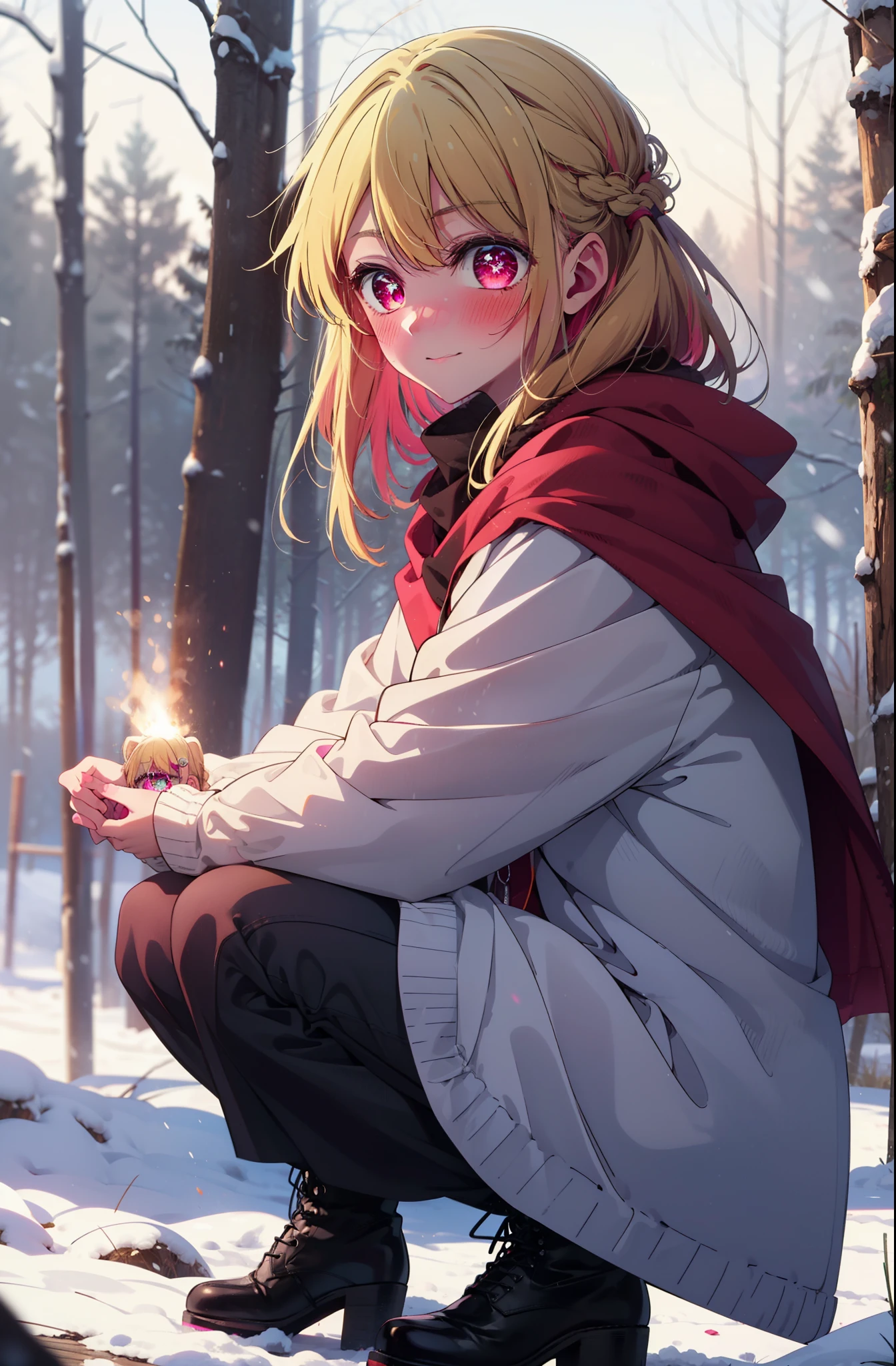 rubyhoshino, Hoshino Ruby, Long Hair, bangs, blonde, (Pink Eyes:1.3), Side Lock, (Symbol-shaped pupil:1.5), Multicolored Hair, Two-tone hair, smile,,smile,blush,White Breath,
Open your mouth,snow,Ground bonfire, Outdoor, boots, snowing, From the side, wood, suitcase, Cape, Blurred, , forest, White handbag, nature,  Squat, Mouth closed, Cape, winter, Written boundary depth, Black shoes, red Cape break looking at viewer, Upper Body, whole body, break Outdoor, forest, nature, break (masterpiece:1.2), Highest quality, High resolution, unity 8k wallpaper, (shape:0.8), (Beautiful and beautiful eyes:1.6), Highly detailed face, Perfect lighting, Extremely detailed CG, (Perfect hands, Perfect Anatomy),