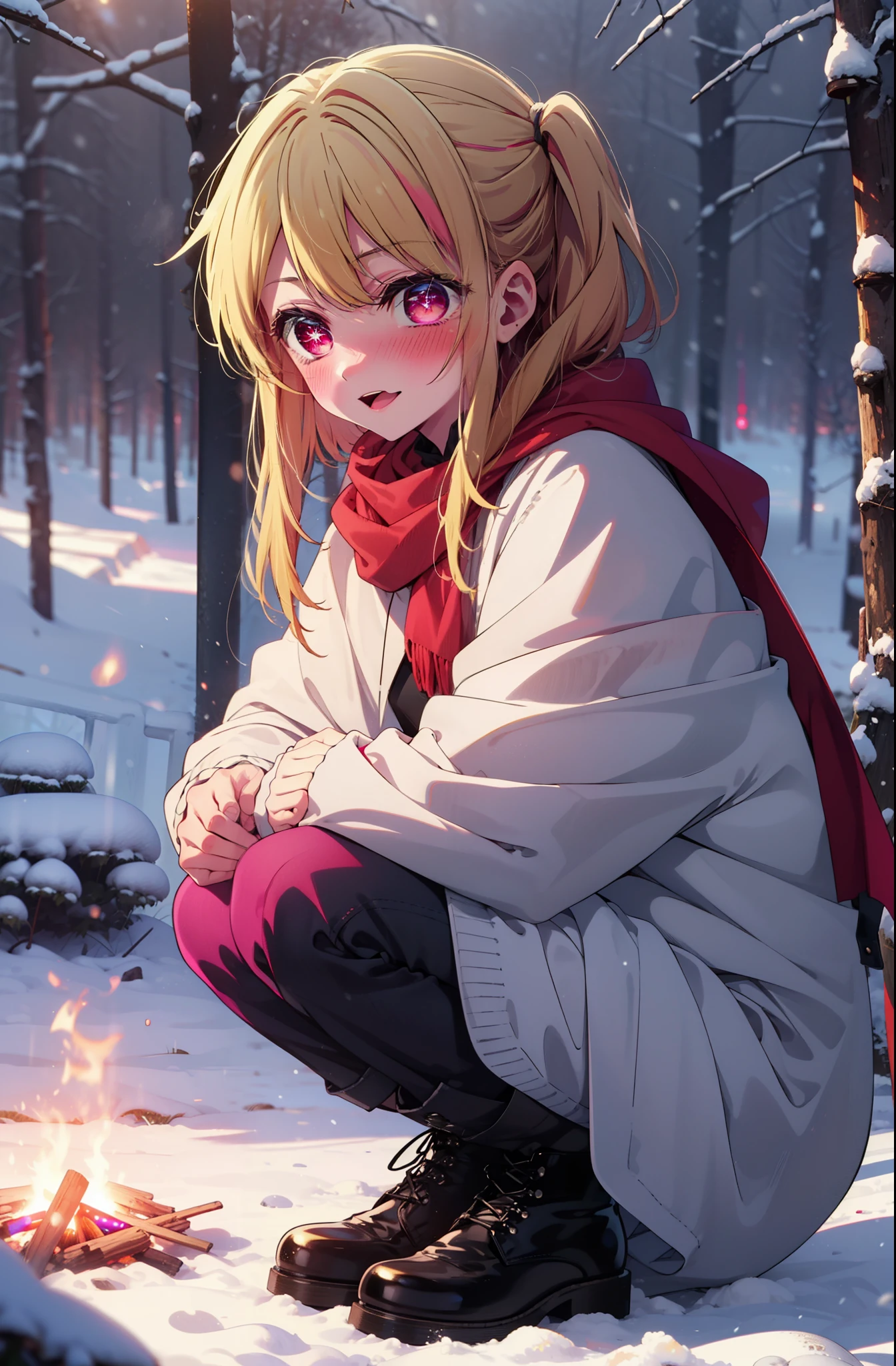 rubyhoshino, Hoshino Ruby, Long Hair, bangs, blonde, (Pink Eyes:1.3), Side Lock, (Symbol-shaped pupil:1.5), Multicolored Hair, Two-tone hair, smile,,smile,blush,White Breath,
Open your mouth,snow,Ground bonfire, Outdoor, boots, snowing, From the side, wood, suitcase, Cape, Blurred, , forest, White handbag, nature,  Squat, Mouth closed, Cape, winter, Written boundary depth, Black shoes, red Cape break looking at viewer, Upper Body, whole body, break Outdoor, forest, nature, break (masterpiece:1.2), Highest quality, High resolution, unity 8k wallpaper, (shape:0.8), (Beautiful and beautiful eyes:1.6), Highly detailed face, Perfect lighting, Extremely detailed CG, (Perfect hands, Perfect Anatomy),