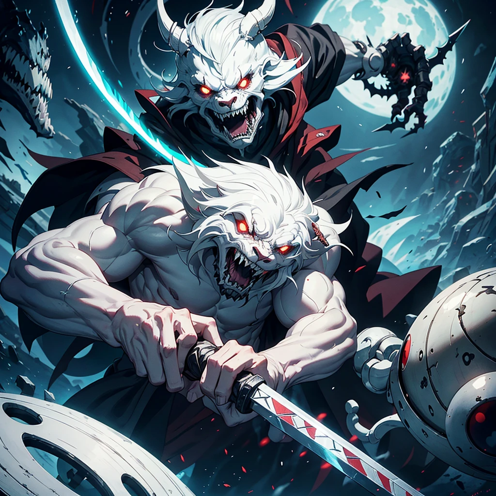 Spawns a completely white, eyeless beast with a humanoid body that has a black mini-robe and a sword embedded in its arm and an eight-ball wheel floating on its head.