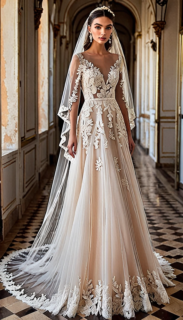 The dress was a masterpiece of haute couture., designed to enhance your natural beauty and capture the essence of romance and elegance. Here is the detailed description so you can create it with the help of artificial intelligence:
**General Design:**
- The dress has a classic and timeless cut, with a fitted silhouette at the top that gently flares downwards, creating a slim and elegant figure.
**Material and Texture:**
- It is made of high quality French lace, known for its delicacy and detail. The lace has intricate patterns including flowers and leaves, hand embroidered with silk threads and crystal decorations.
**Neckline and Sleeves:**
- The dress has an illusion neckline, with finely edged edges with lace that extends delicately over the shoulders. The sleeves are long and transparent, also decorated with lace embroidery and crystal applications that add a subtle shine.
**Waist and Skirt:**
- The waist is marked with a thin lace band that highlights the figure. The skirt begins to flare out just below the waist, forming layers of soft, light tulle that fall in loose, fluid folds.
**Additional details:**
- The dress has a low V-shaped back, decorated with more lace and crystal details that continue towards the train. The line is long and dramatic, adorned with more lace that spreads in a cascade of details onto the floor.
**accessories:**
- Complementing the dress, a soft and transparent tulle veil, with finely edged edges with more lace and small crystal applications. The veil cascades from an elegant hairstyle, adorned with pearls and small white flowers.
This dress is not only a fashion piece, but a work of art that captures the beauty and grace on this special day.