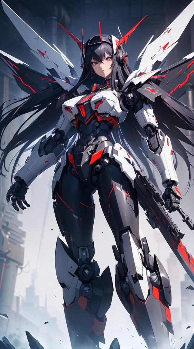 ((Shining lenses on both breasts:1.3))、((Pillars of red light radiate from both chests..:1.3))、((Attack pose:1.6))、((He has a red sword and a long rifle:1.6))、((Battle Scenes:1.8))、((8K)), ((32k)), ((Highest quality)), ((masterpiece)), ((超A high resolution)), ((Tmasterpiece)), ((Halation:1.4))、((Mechaニカルheadgear:1.2))、((Cyber Headphones:1.3))Fine skin, High quality fabric, High-quality metal texture、((Beautiful and dense face))、RAW Photos、Professional, Ultra-fine painting, ((alone)), Beautiful breasts、Highest quality, Very detailed, Very detailed詳細, Finer details, so beautiful, ((Black Knight Robot:1.2)),  (Joint of the machine, Mechanical Limbs:1.3), (The internal structure of the machine is exposed:1.3), (Long black hair:1.1), (Beautiful and huge mechanical breasts)、White Veil, cowboy_shot, Side Focus, headgear, Shiny、(Five Fingers, Four fingers and thumb),Concept Art, Anime fantasy artwork, Detailed fantasy art, (Has light blue-purple hair and black wings,,,,,,), (((Long black hair))), (Mecha:1.6)、Sleek and intimidating design,  (Jet black perfect robot body)、Jet black and reddish purple arms, Symmetrical wings, 8K High Resolution, Detailed Art, 3D rendering of character art in 8K, neat legs, Defined, Defined fingers,((headshot:1.6))