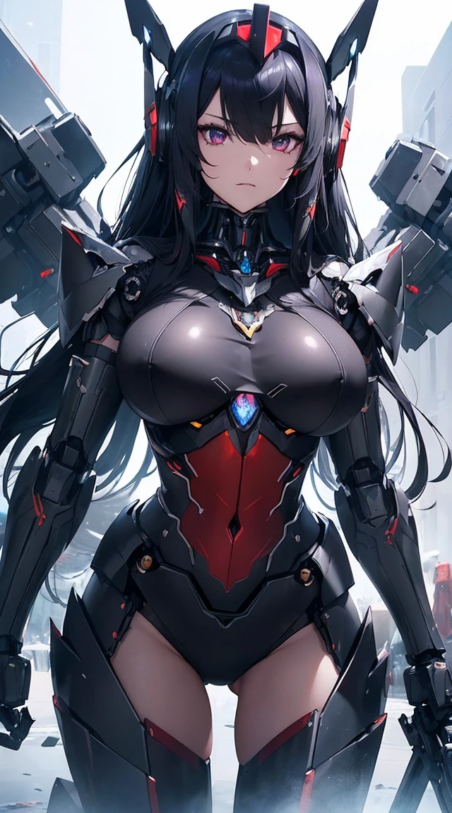 ((Shining lenses on both breasts:1.3))、((Pillars of red light radiate from both chests..:1.3))、((Attack pose:1.6))、((He has a red sword and a long rifle:1.6))、((Battle Scenes:1.8))、((8K)), ((32k)), ((Highest quality)), ((masterpiece)), ((超A high resolution)), ((Tmasterpiece)), ((Halation:1.4))、((Mechaニカルheadgear:1.2))、((Cyber Headphones:1.3))Fine skin, High quality fabric, High-quality metal texture、((Beautiful and dense face))、RAW Photos、Professional, Ultra-fine painting, ((alone)), Beautiful breasts、Highest quality, Very detailed, Very detailed詳細, Finer details, so beautiful, ((Black Knight Robot:1.2)), (Joint of the machine, Mechanical Limbs:1.3), (The internal structure of the machine is exposed:1.3), (Long black hair:1.1), (Beautiful and huge mechanical breasts)、White Veil, cowboy_shot, Side Focus, headgear, Shiny、(Five Fingers, Four fingers and thumb),Concept Art, Anime fantasy artwork, Detailed fantasy art, (Has light blue-purple hair and black wings,,,,,,), (((Long black hair))), (Mecha:1.6)、Sleek and intimidating design, (Jet black perfect robot body)、Jet black and reddish purple arms, Symmetrical wings, 8K High Resolution, Detailed Art, 3D rendering of character art in 8K, neat legs, Defined, Defined fingers,((headshot:1.6))
