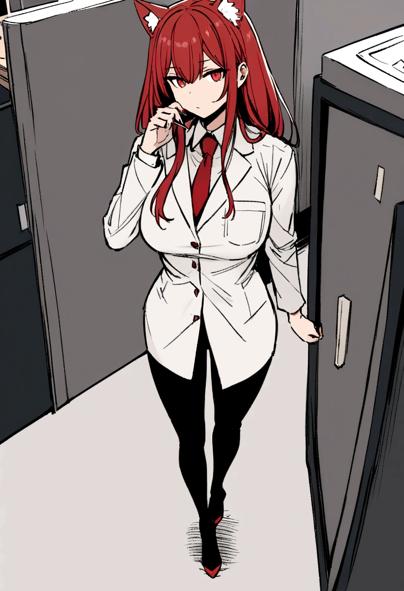 crimson red eyes, shoulder-length red hair, adult a pair of feline ears on the head, full body in office clothes, black toothpick and hair that hides the face