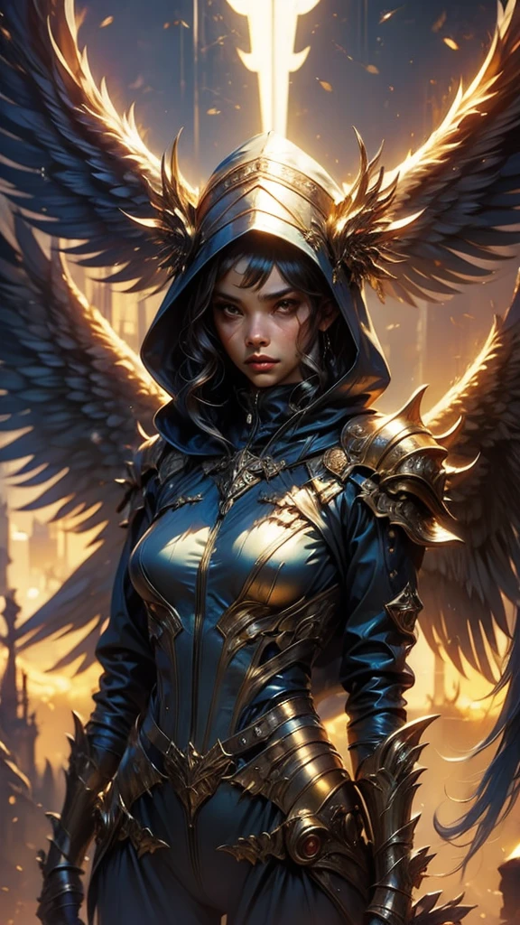 Golden armored angel, wings made of energy, metallic halo, with no face, hooded, gold, fancy, conceptual artwork, ultra realistic, Character art by Greg Rutkowski