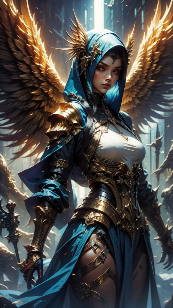 Golden armored angel, wings made of energy, metallic halo, with no face, hooded, gold, fancy, conceptual artwork, ultra realistic, Character art by Greg Rutkowski