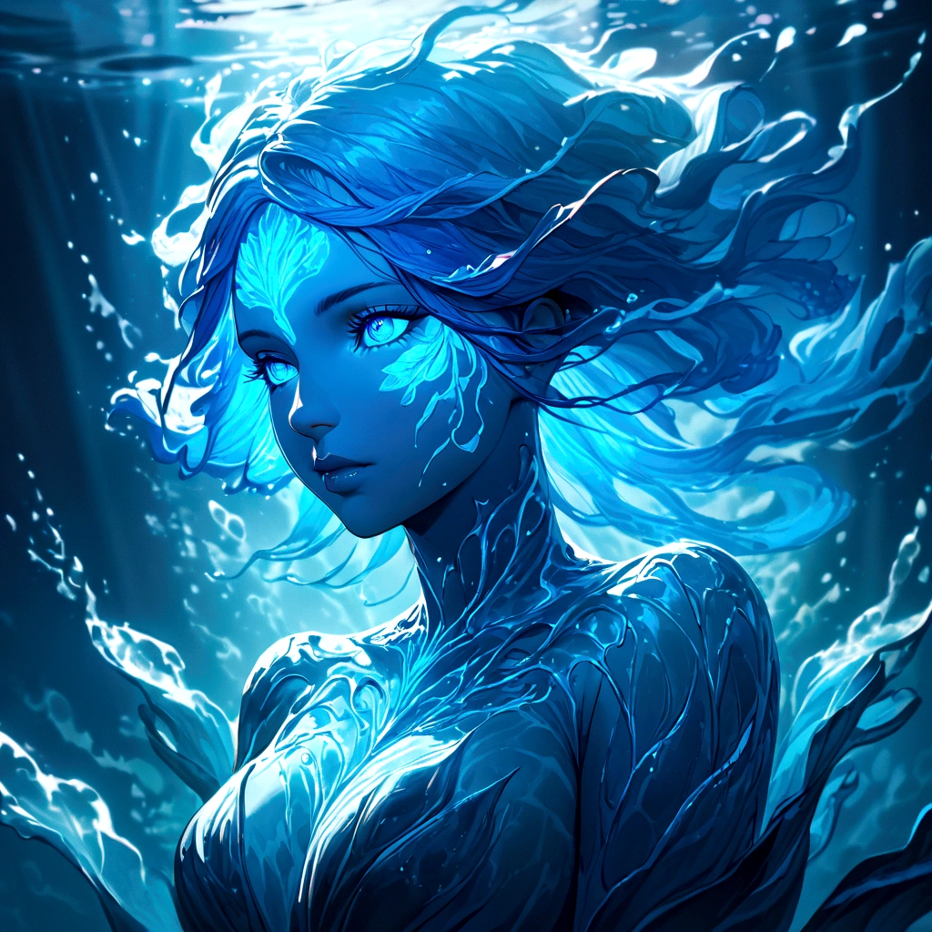 a genasi made of water, woman with water-like skin and flowing blue hair, beautiful detailed eyes, beautiful detailed lips, extremely detailed face, long eyelashes, graceful pose, underwater scene, glowing bioluminescent plants, ethereal lighting, cinematic, dramatic, vibrant colors, fantasy, digital painting, 8k, hyper detailed, masterpiece
