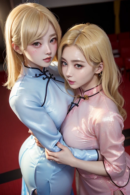 ((blank background)),(((Two girls in cheongsam))),(One is a 22-year-old Korean KPOP idol，blonde short hair.),(One is an 18-year-old Japanese long-haired gravure idol，plump figure.),(Face stained:1.3),Back hug,cheeks and cheeks,((They all look at the audience.)),small areola,open your mouth,Narrow your eyes,kiss,from above,(((Their eyes are full of provocation))),The two are lovers,Beautiful eyes reflect light,Hair reflects light and sparkles,photo shoot