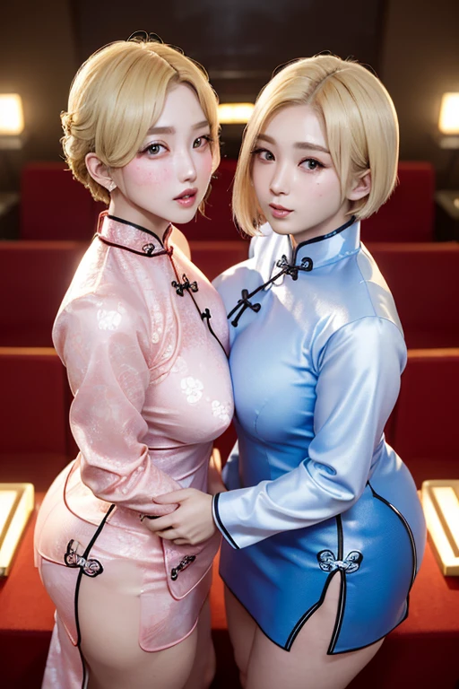 ((blank background)),(((Two girls in cheongsam))),(One is a 22-year-old Korean KPOP idol，blonde short hair.),(One is an 18-year-old Japanese long-haired gravure idol，plump figure.),(Face stained:1.3),Back hug,cheeks and cheeks,((They all look at the audience.)),small areola,open your mouth,Narrow your eyes,kiss,from above,(((Their eyes are full of provocation))),The two are lovers,Beautiful eyes reflect light,Hair reflects light and sparkles,photo shoot