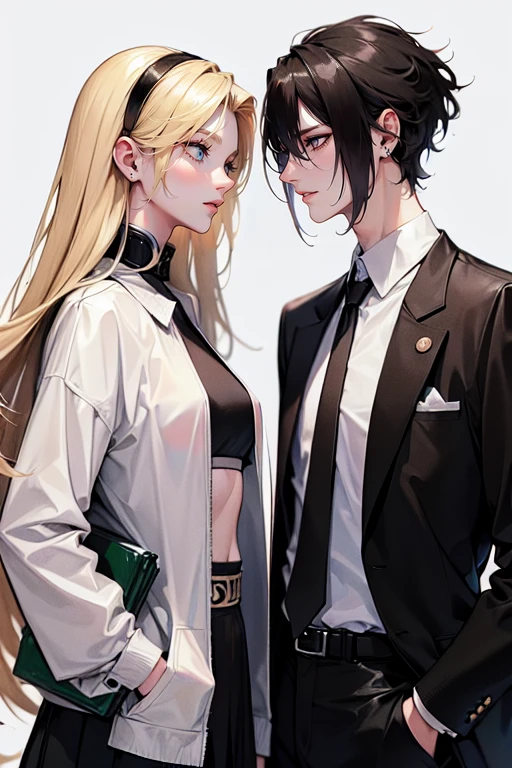 (tall man,(man is taller than me woman) messy black-haired man wearing a , is a student, with his hands in his pockets.),(a thin woman, long blonde hair, woman has green eyes, cheerleader) best quality, adorable, ultra-detailed, illustration, complex, detailed, extremely detailed, detailed face, soft light, soft focus, perfect face. In love, illustration. two people, couple: make them into a comic strip looking at eachother 