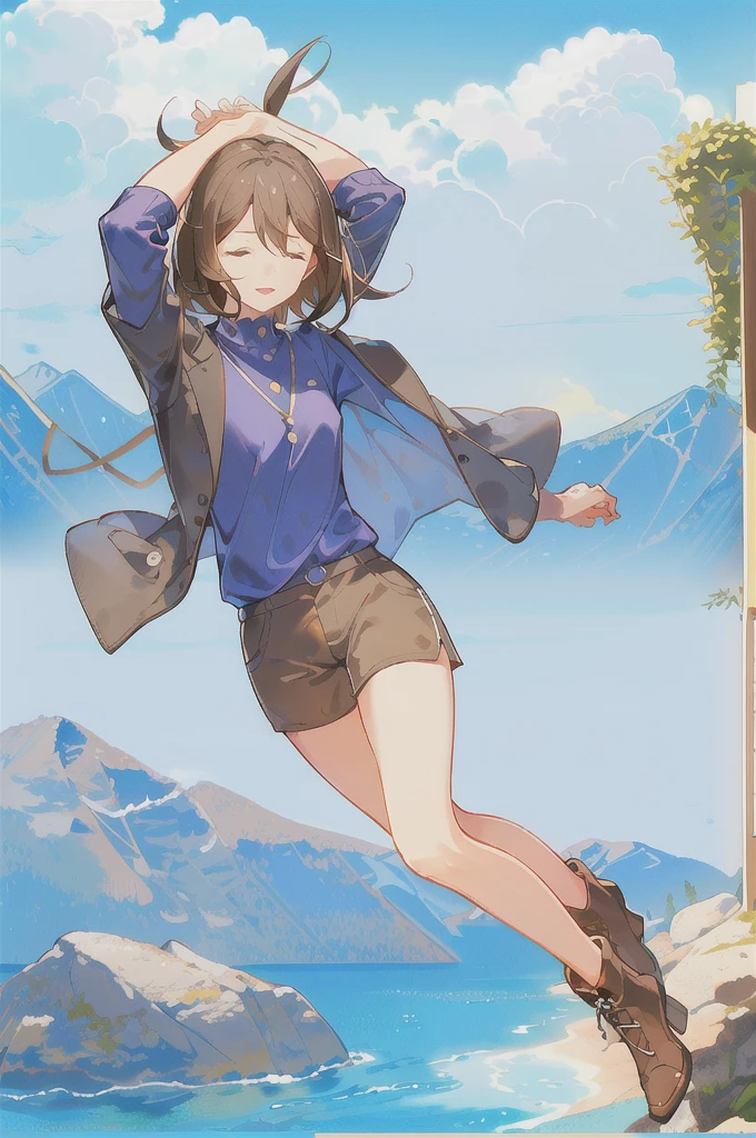 undertale frisk,small breasts,brown hair,(aged up), (brown shorts:1.3), bob cut, short hair, (blue shirt:1.3), (closed eyes:1.2), (1girl:1.3), (solo:1.3), blue shirt,purple shirt, striped shirt,long sleeves,arms raised,yellow skin,dancing,facing viewer,full body,boots,on mountain,grass,happy,:p, 