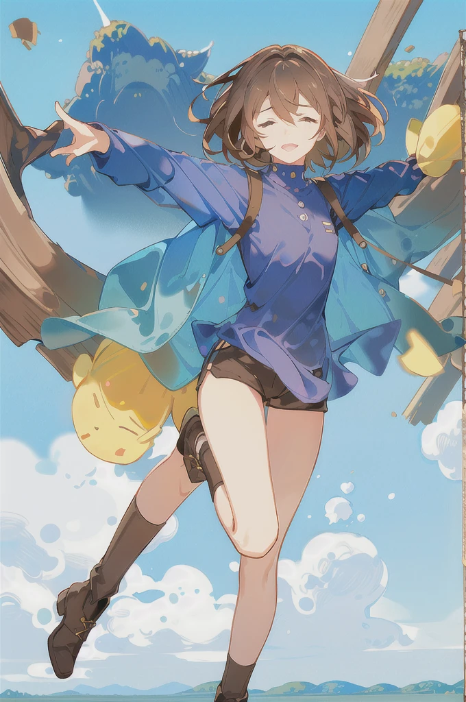 undertale frisk,small breasts,brown hair,(aged up), (brown shorts:1.3), bob cut, short hair, (blue shirt:1.3), (closed eyes:1.2), (1girl:1.3), (solo:1.3), blue shirt,purple shirt, striped shirt,long sleeves,arms raised,yellow skin,dancing,facing viewer,full body,boots,on mountain,grass,happy,:p, 