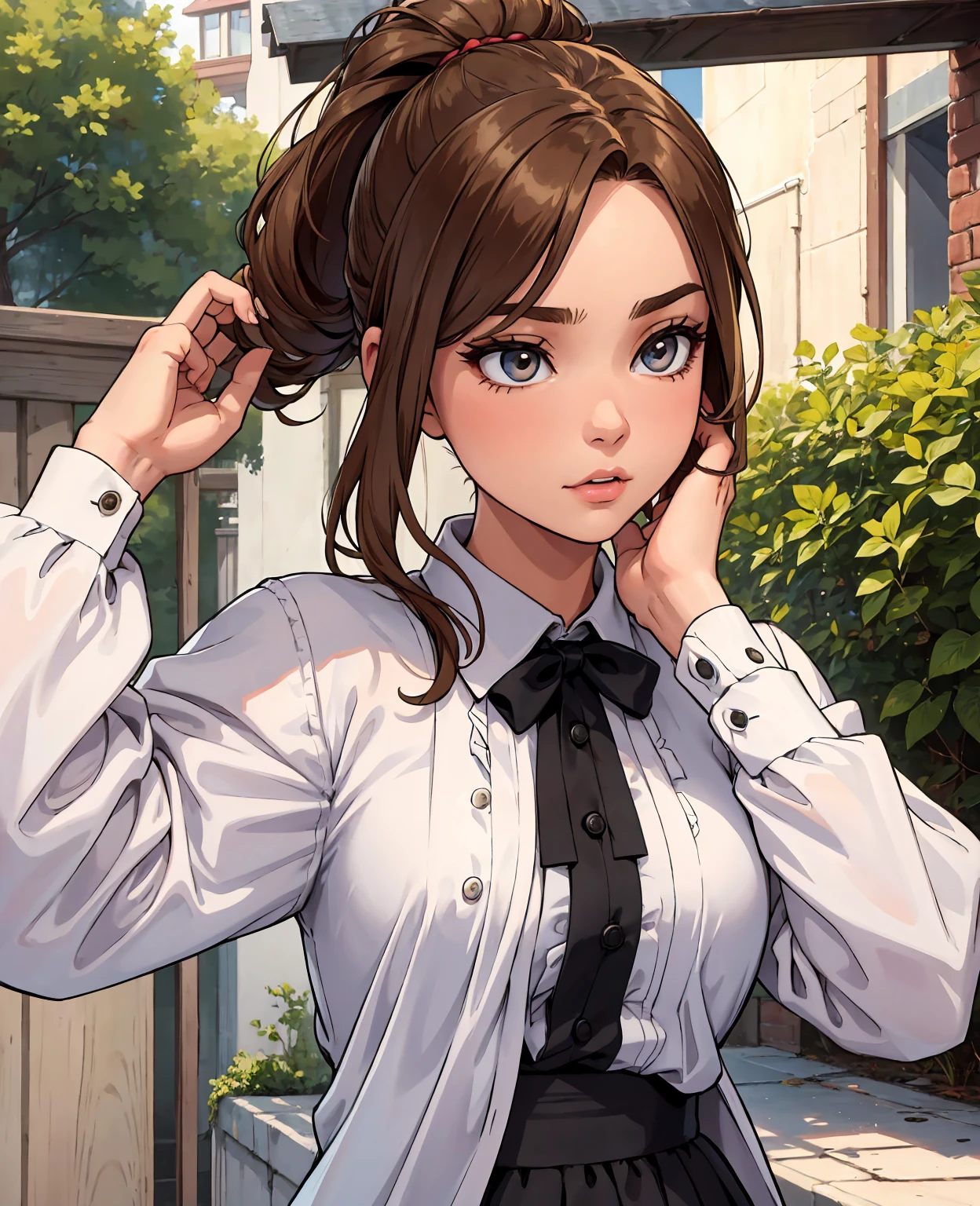 Emily is a 23-year-old with light brown hair, usually stuck in a bun or ponytail. His eyes are green and expressive, conveying his gentle and warm personality. She has an average height, about 1.65m, with a slender and well-defined figure due to her physical exercise routine. Emily likes to dress simply and comfortably, wearing practical clothes, long sleeve blouse and neutral colors. She usually wears little makeup, preferring a natural look. Best quality, realistic photo, 32 k.